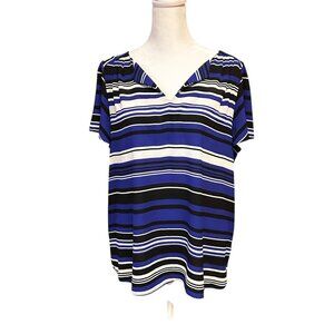 Elle Womens Striped Short Sleeve Top Large Blue & Black Polyester Spandex Blend